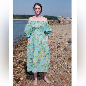NEW Jessie Zhao Garden Party Blue Smocked Midi Dress Size Small